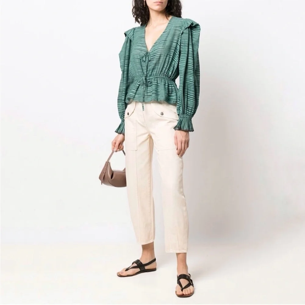 Ulla Johnson Ophelia Cotton Voile Peplum Blouse Teal/ Green Stripe sz 6